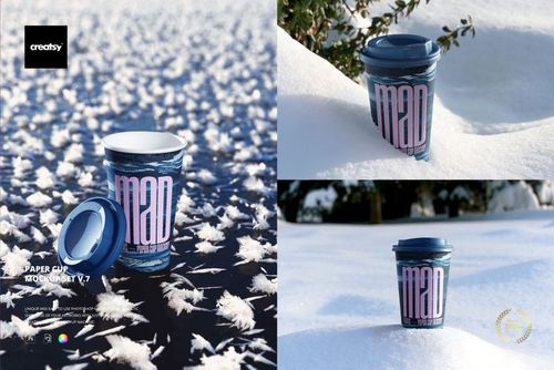 Winter-themed PSD mockup featuring a blue paper cup with bold pink text, displayed in snowy outdoor scenes and close-up.