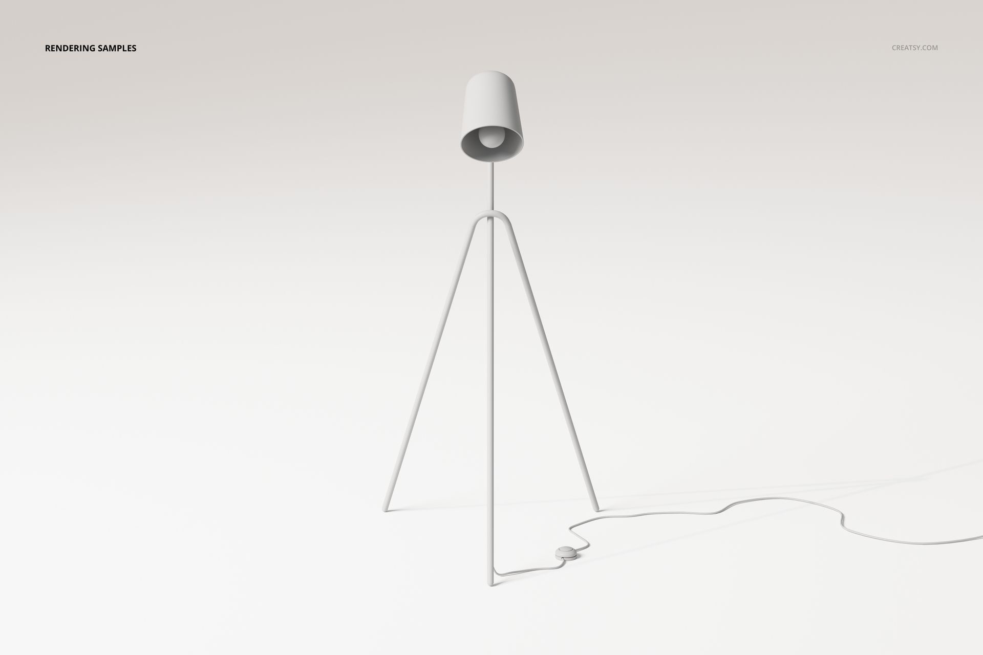 Minimalist floor lamp with tripod legs and a cylindrical shade, shown in a front view on a plain light background.