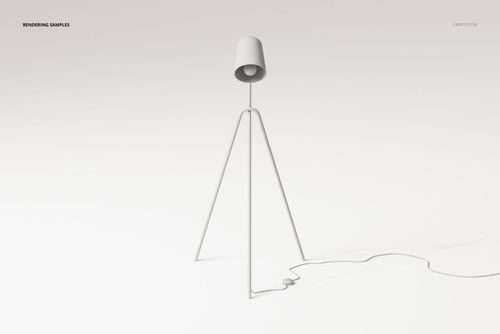 Minimalist floor lamp with tripod legs and a cylindrical shade, shown in a front view on a plain light background.