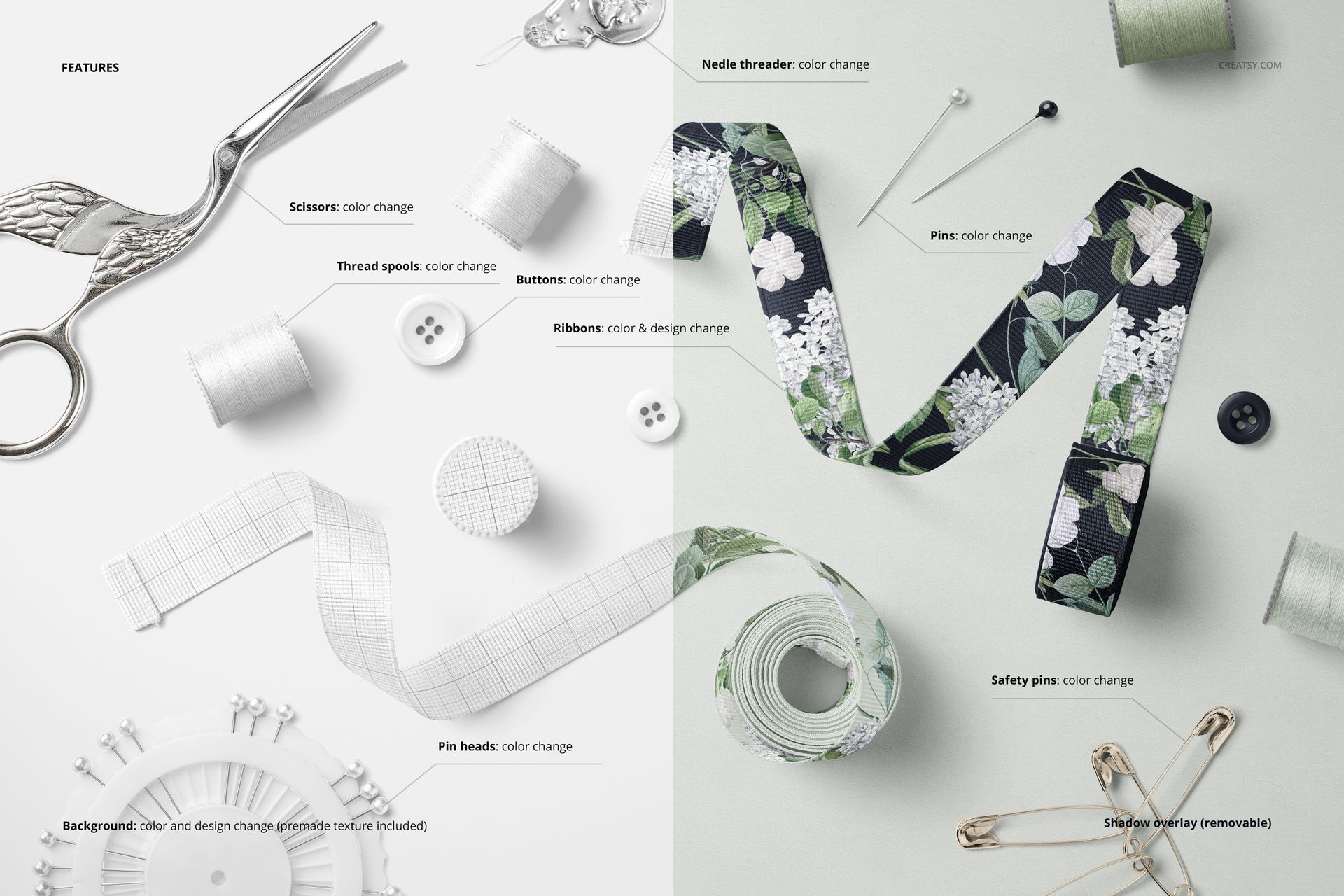 Two Grosgrain Ribbons and Sewing Items Mockup - mockup screenshot 3