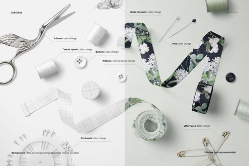 Two grosgrain ribbons, one patterned and one plain, displayed with pins, safety pin, needle threader, and sewing tools in a PSD mockup.