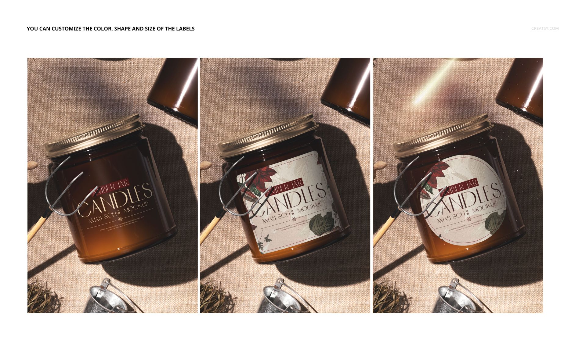 PSD mockup featuring trio of amber glass candles with holiday labels, showcased in a cozy rustic Christmas scene.