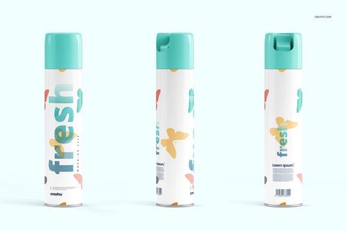 Air freshener mockup featuring three upright cans with teal lids and multicolored designs, displayed on a pale surface.
