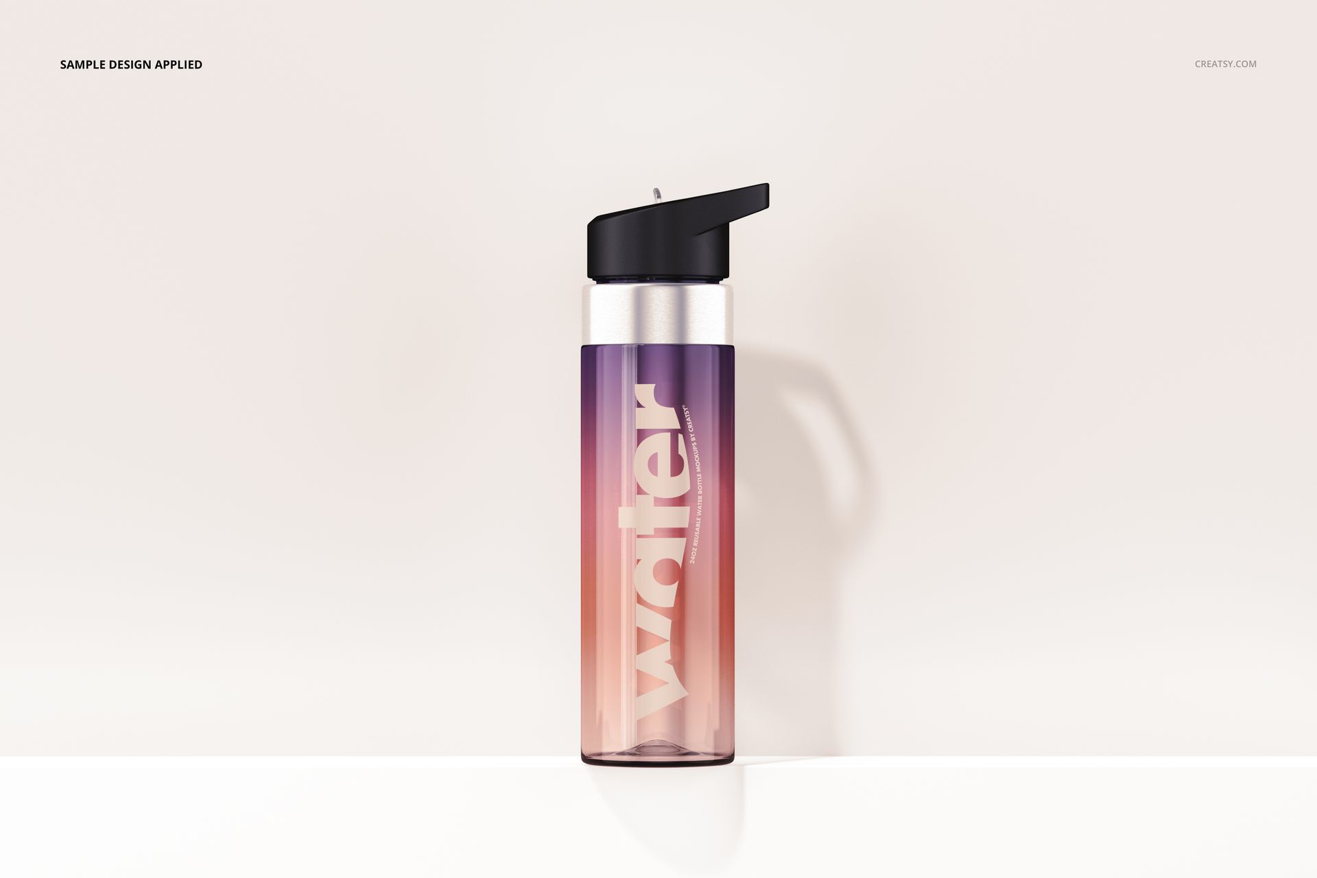 Front view of a 24 oz reusable water bottle mockup featuring a black cap and ombre pink-purple acrylic body.