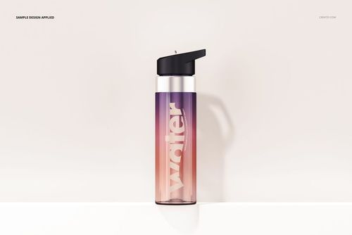 Front view of a 24 oz reusable water bottle mockup featuring a black cap and ombre pink-purple acrylic body.