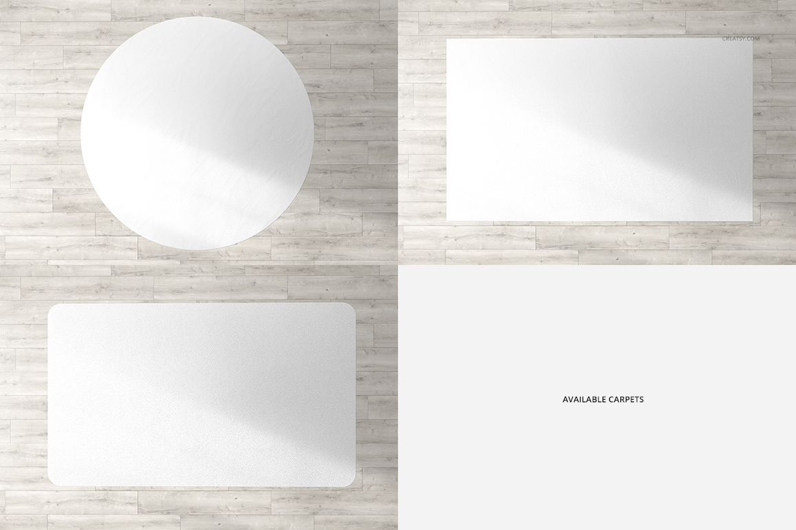 Room scene featuring four carpet mockups in round and rectangular shapes, displayed on light wooden flooring.