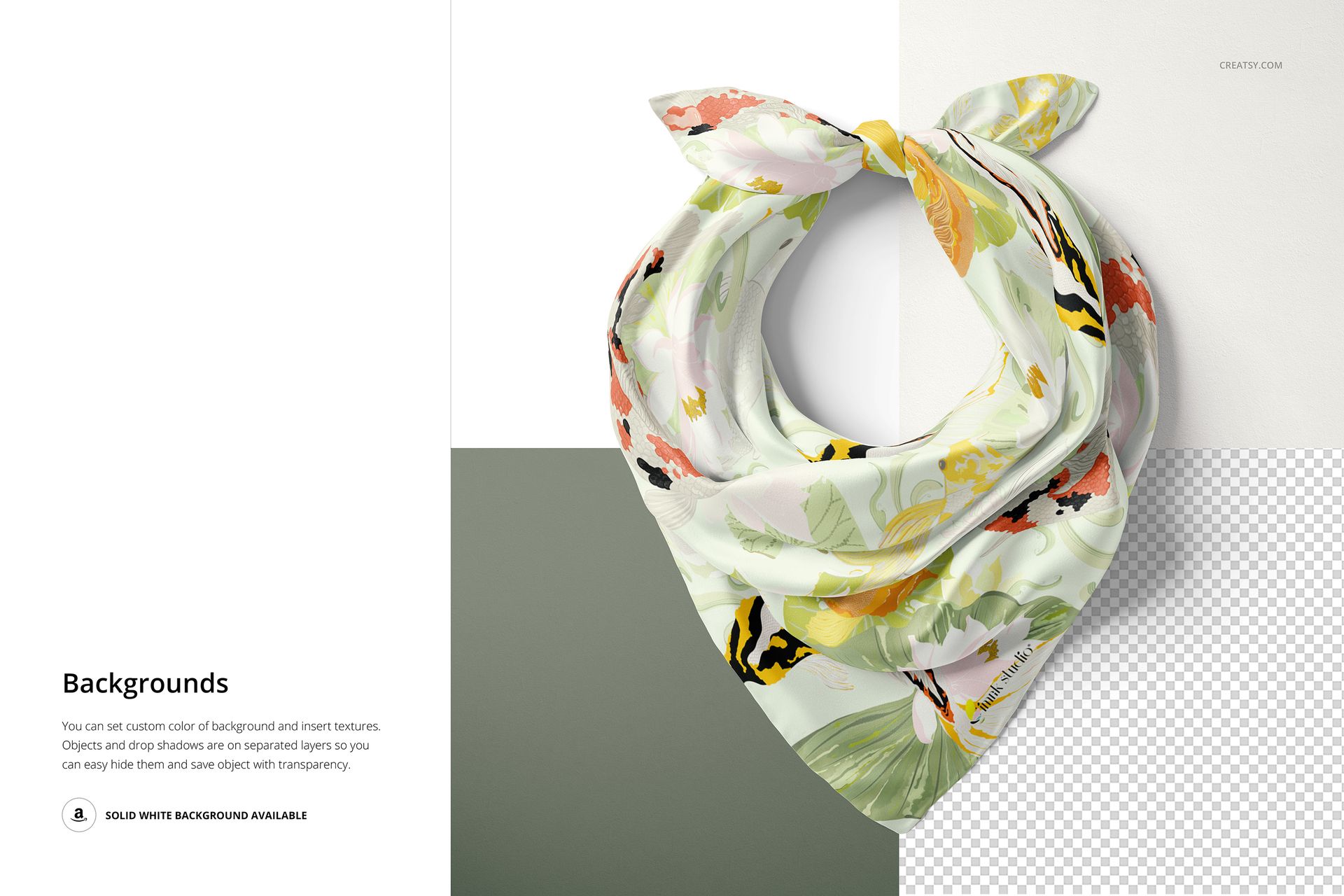 Top view of a wrapped silk scarf with a floral pattern in pastel colors, displayed on a square background mockup.