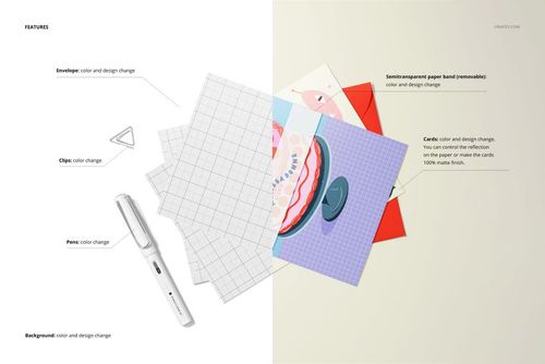 A5 card mockup set displayed in a split scene with grid paper cards, colorful illustrated cards, envelope, pen, and clip.