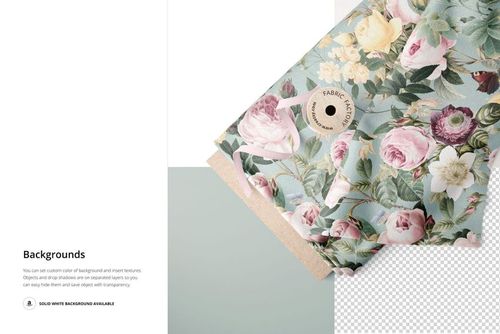 Floral fabric bolt and ribbon mockup displayed from above, showing detailed flower designs in soft pastel colors.
