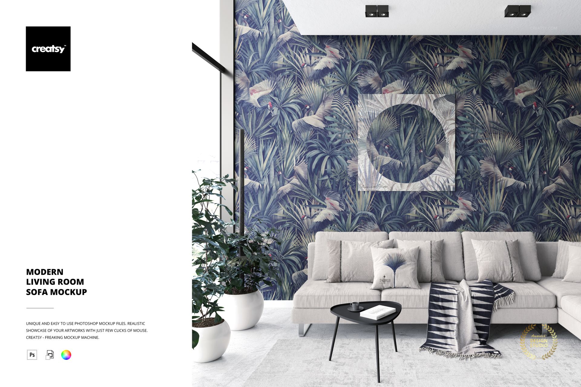 PSD mockup of a stylish sofa set against a vibrant jungle-themed wallpaper, with accent pillows and minimal decor.
