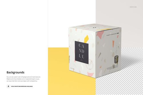 Nordic style candle box mockup with abstract pastel patterns, shown at an angle on a yellow and white surface.