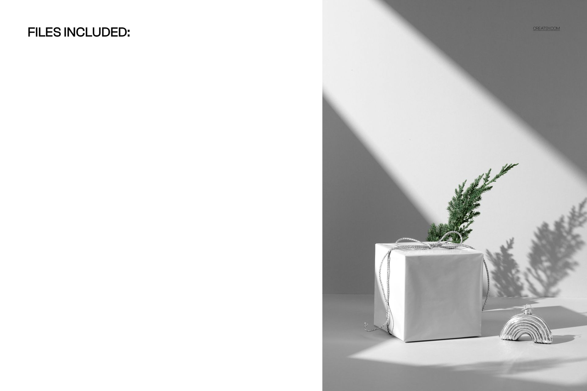 Christmas gift box mockup featuring white packaging, pine branch accent, and a rainbow ornament in bright sunlight.