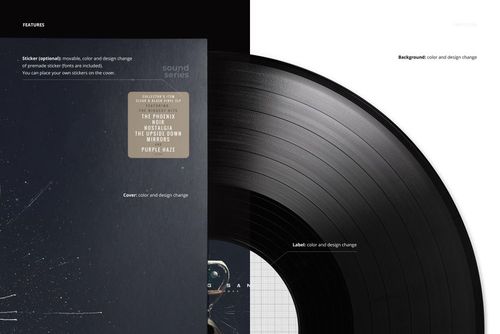 Black vinyl record and album cover mockup displayed from above, highlighting grooves and cover design details.
