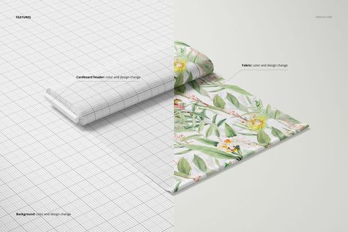 Fabric bolt mockup showing a folded fabric with a floral pattern and a cardboard header, split between grid and botanical designs.