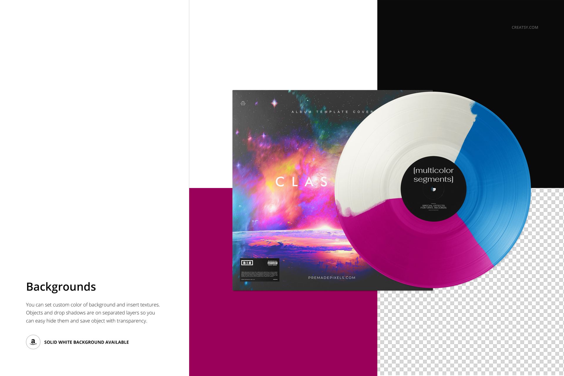 Vinyl record with multicolor segments in white, blue, and magenta displayed on a vibrant cover, front view mockup.