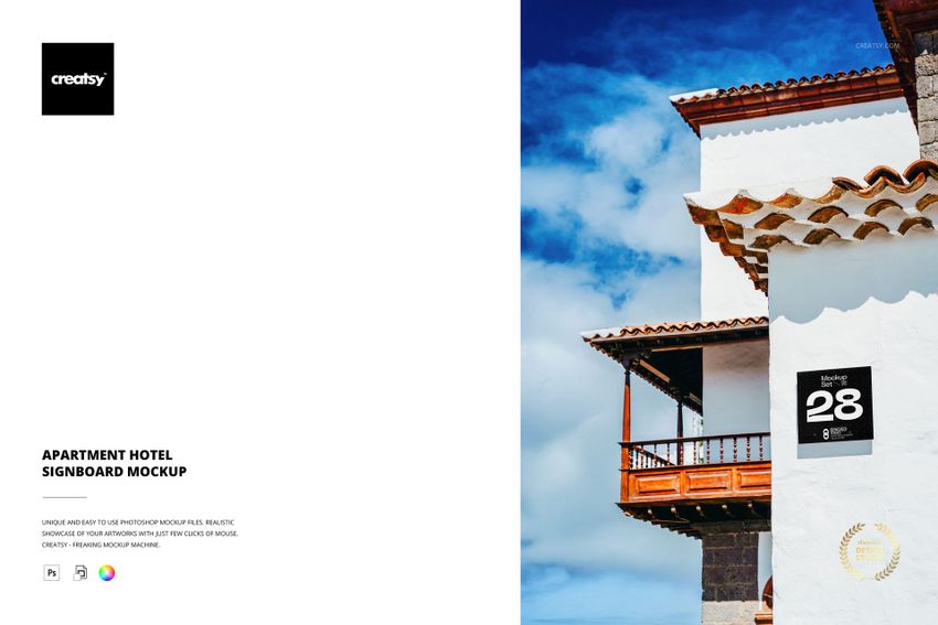 PSD mockup featuring a modern hotel exterior with a white wall, brown roof tiles, and a black signboard for room identification.