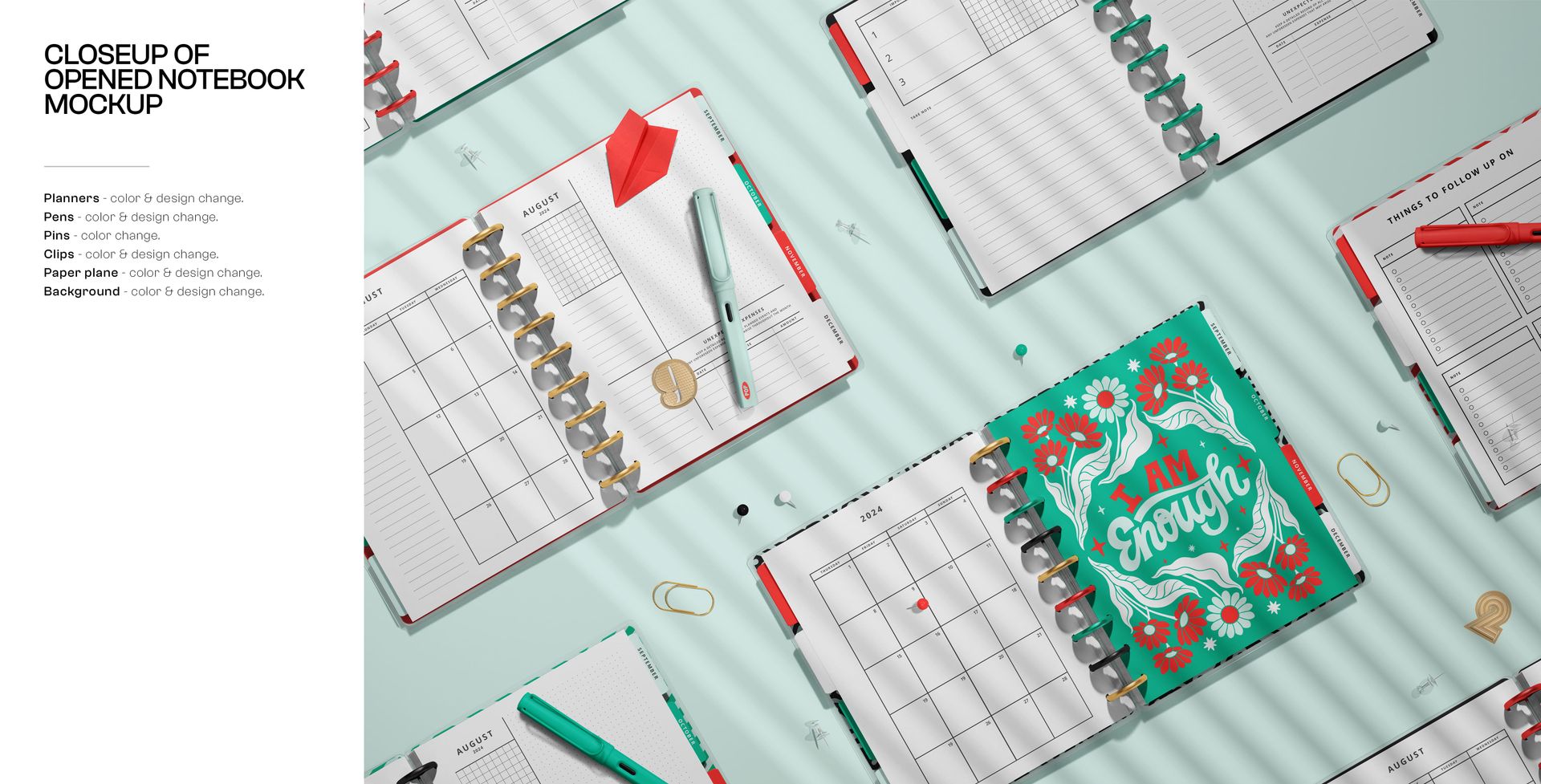 Top view of open spiral notebooks with colorful covers, pens, paper clips, scissors, and stationery on a light surface.