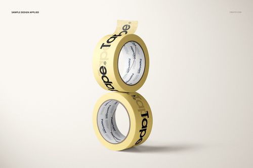 Vertical arrangement of two yellow masking tape rolls with black text, displayed in a realistic PSD mockup scene.