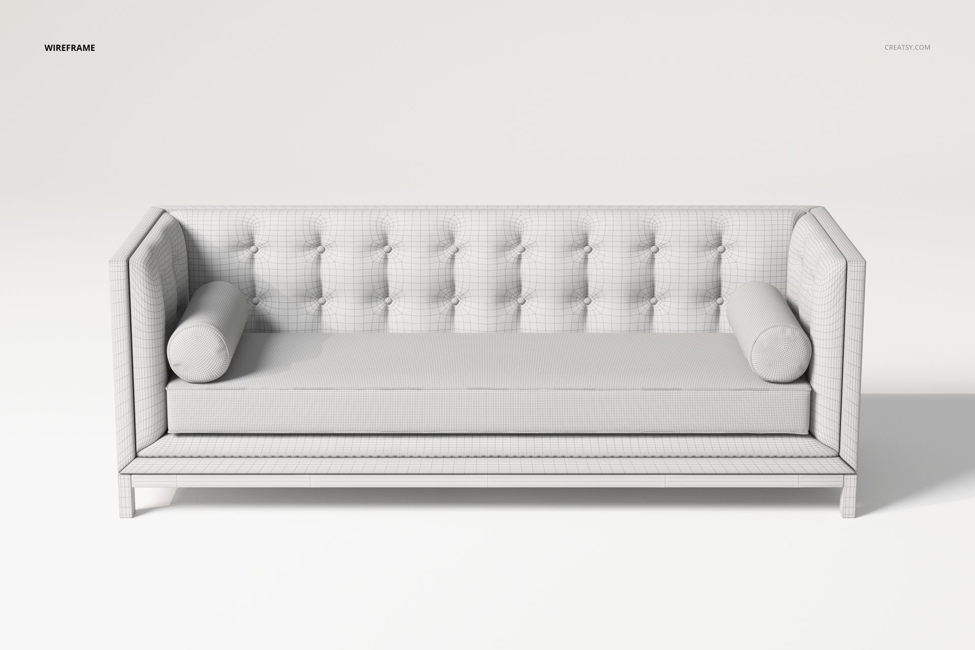 Front view of a 3D model sofa in early 19th century style, featuring tufted upholstery and cylindrical pillows.