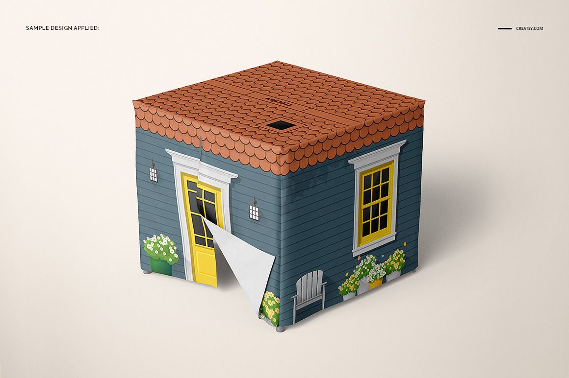 Square playhouse mockup with a red shingle roof, blue siding, yellow door, and white window, front view on light background.