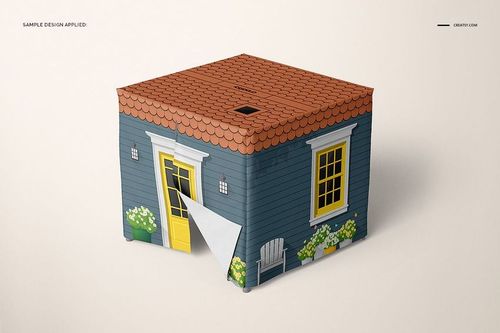 Square playhouse mockup with a red shingle roof, blue siding, yellow door, and white window, front view on light background.