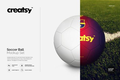 Soccer ball mockup showing a split design with half in plain white and half in dark purple with a yellow logo, placed on grass.