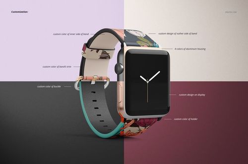 Apple Watch PSD mockup with customizable leather band, floral design, and divided pastel and burgundy backdrop.