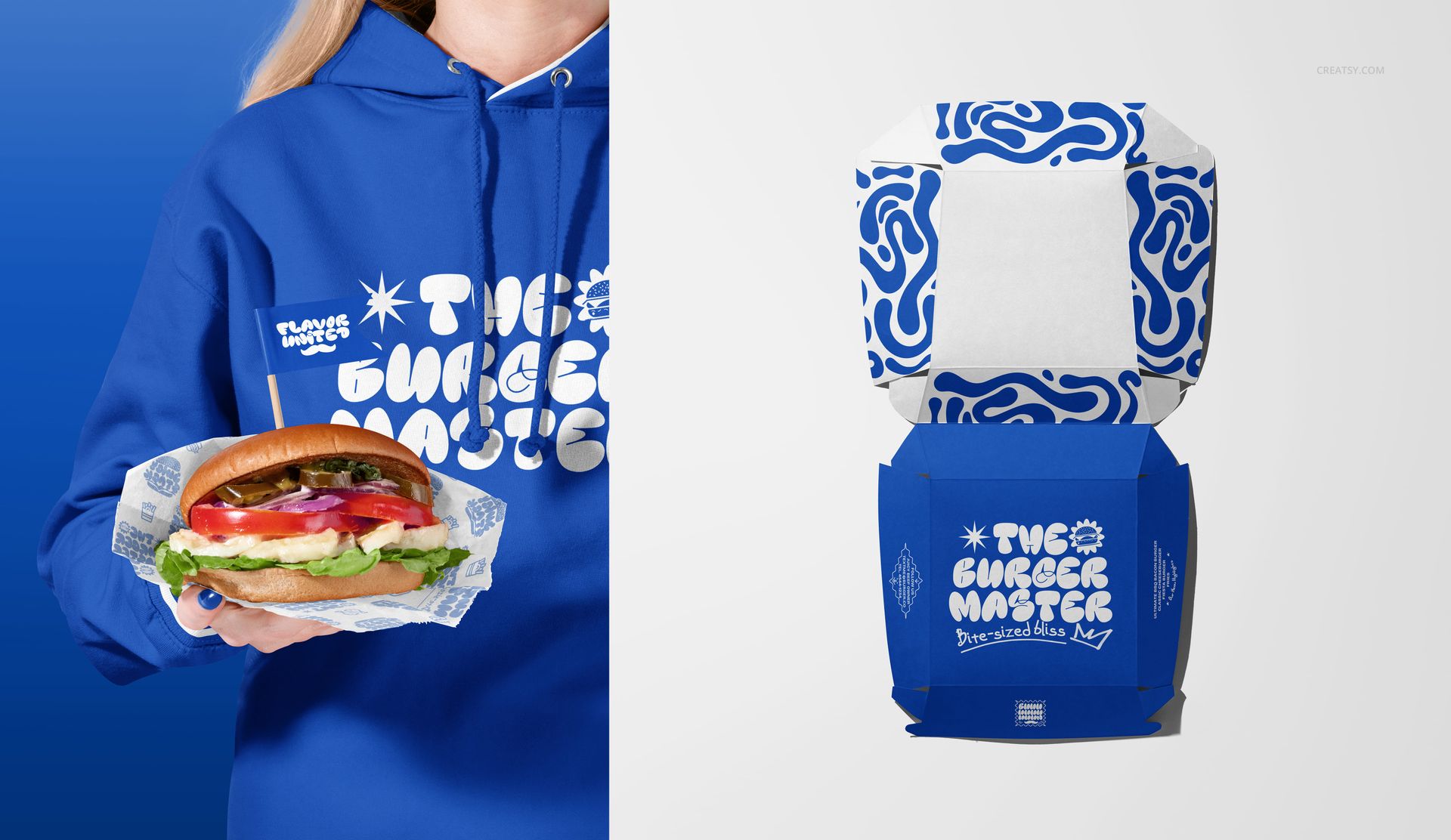 Close-up of a vegan burger with lettuce, tomato, and onion in blue branded wrapper, beside a blue burger box mockup.