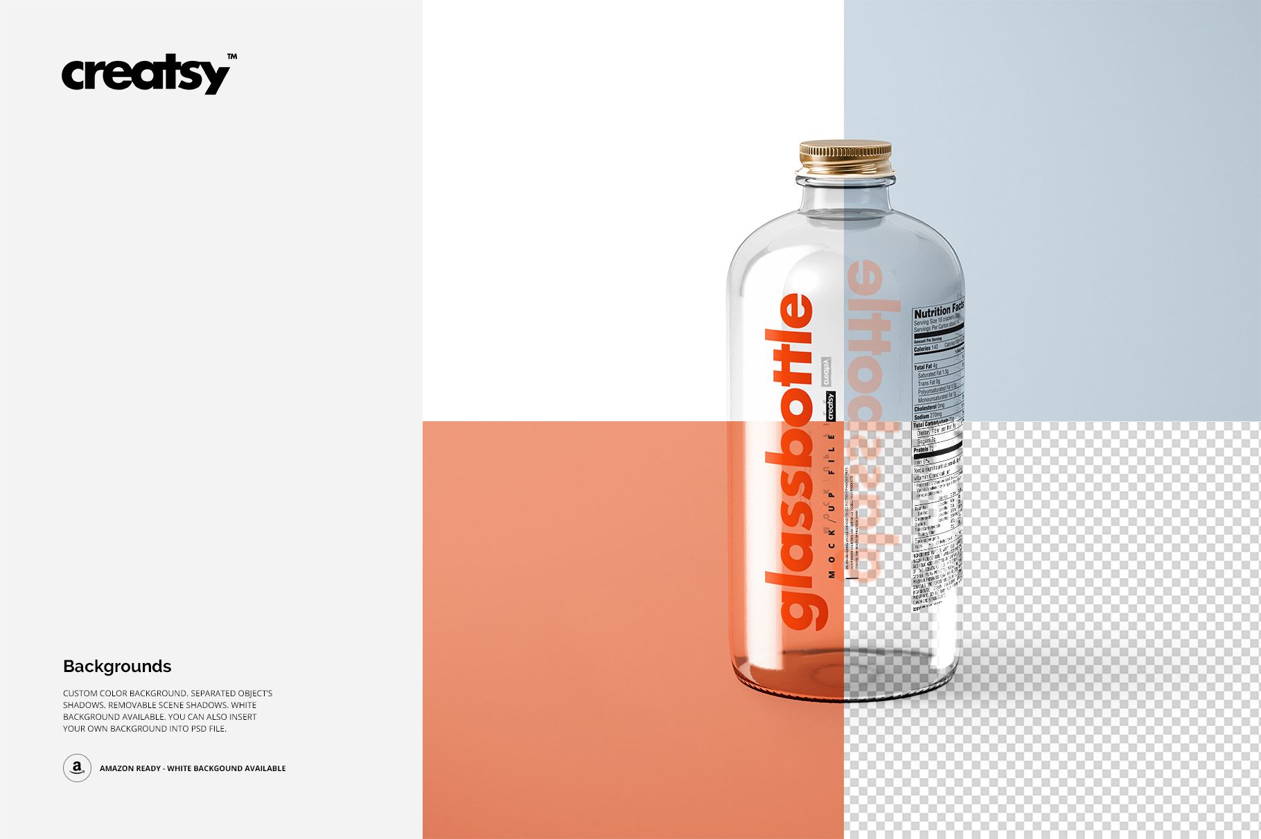 Clear glass bottle with a gold cap standing upright, featuring vertical text on the label, shown in a mockup scene.