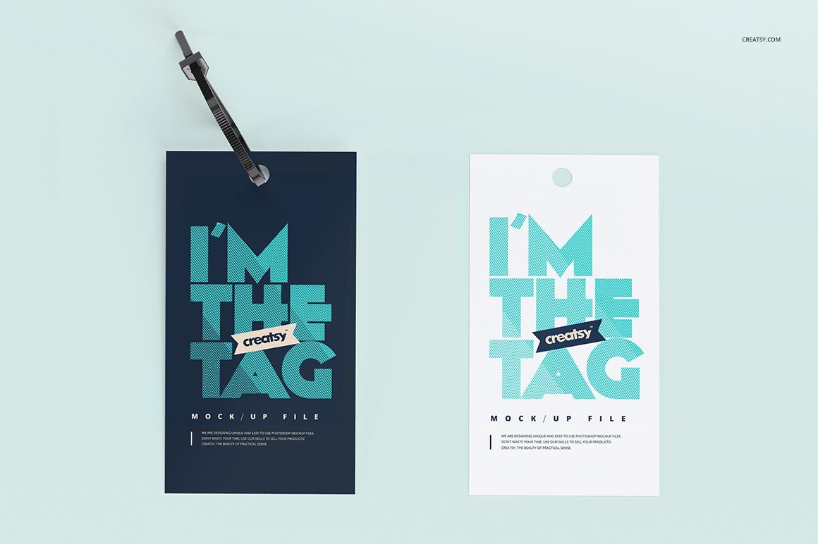 Two cable tie tag mockups displayed side by side, featuring bold turquoise text on navy and white backgrounds.