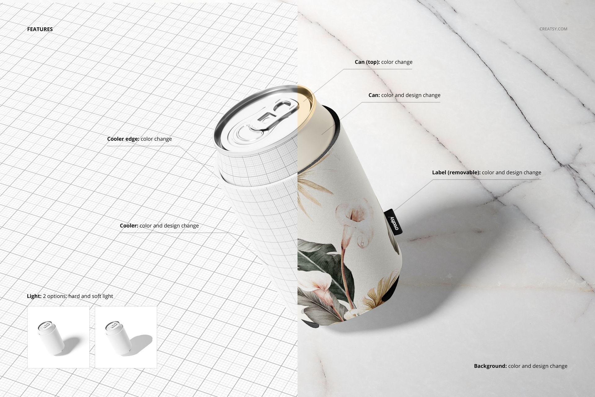 Neoprene can cooler mockup with a floral pattern, shown in a front angle on a marble surface with grid overlay.