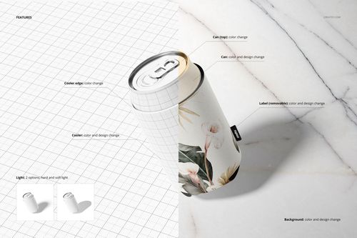 Neoprene can cooler mockup with a floral pattern, shown in a front angle on a marble surface with grid overlay.