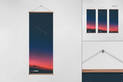 Close-up of a door banner mockup featuring a wooden top frame, white hanging cord, and starry night sky illustration.
