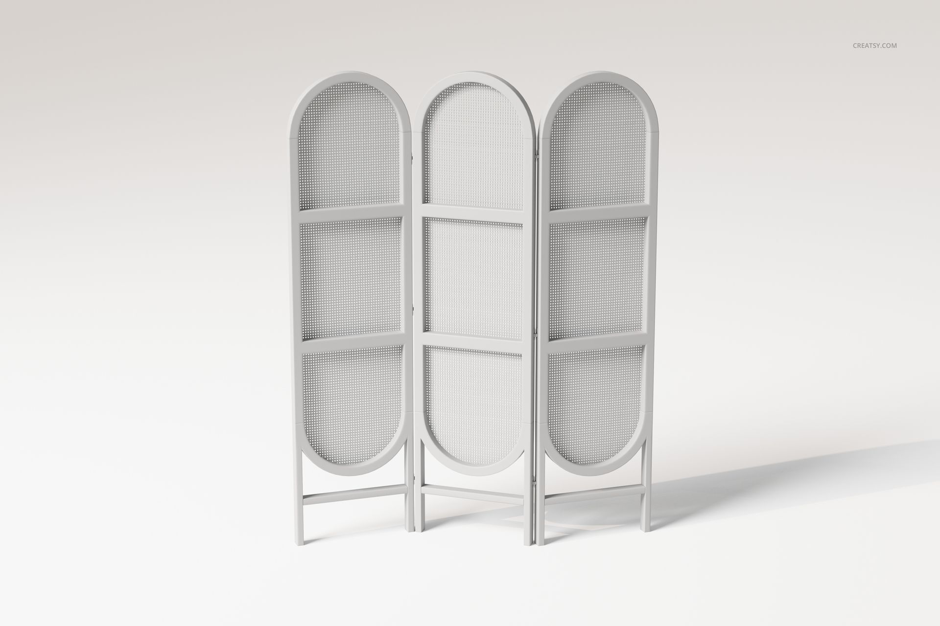 Rattan folding room divider with three connected panels, arched tops, and light neutral coloring on a plain background.