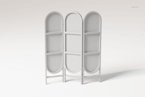 Rattan folding room divider with three connected panels, arched tops, and light neutral coloring on a plain background.