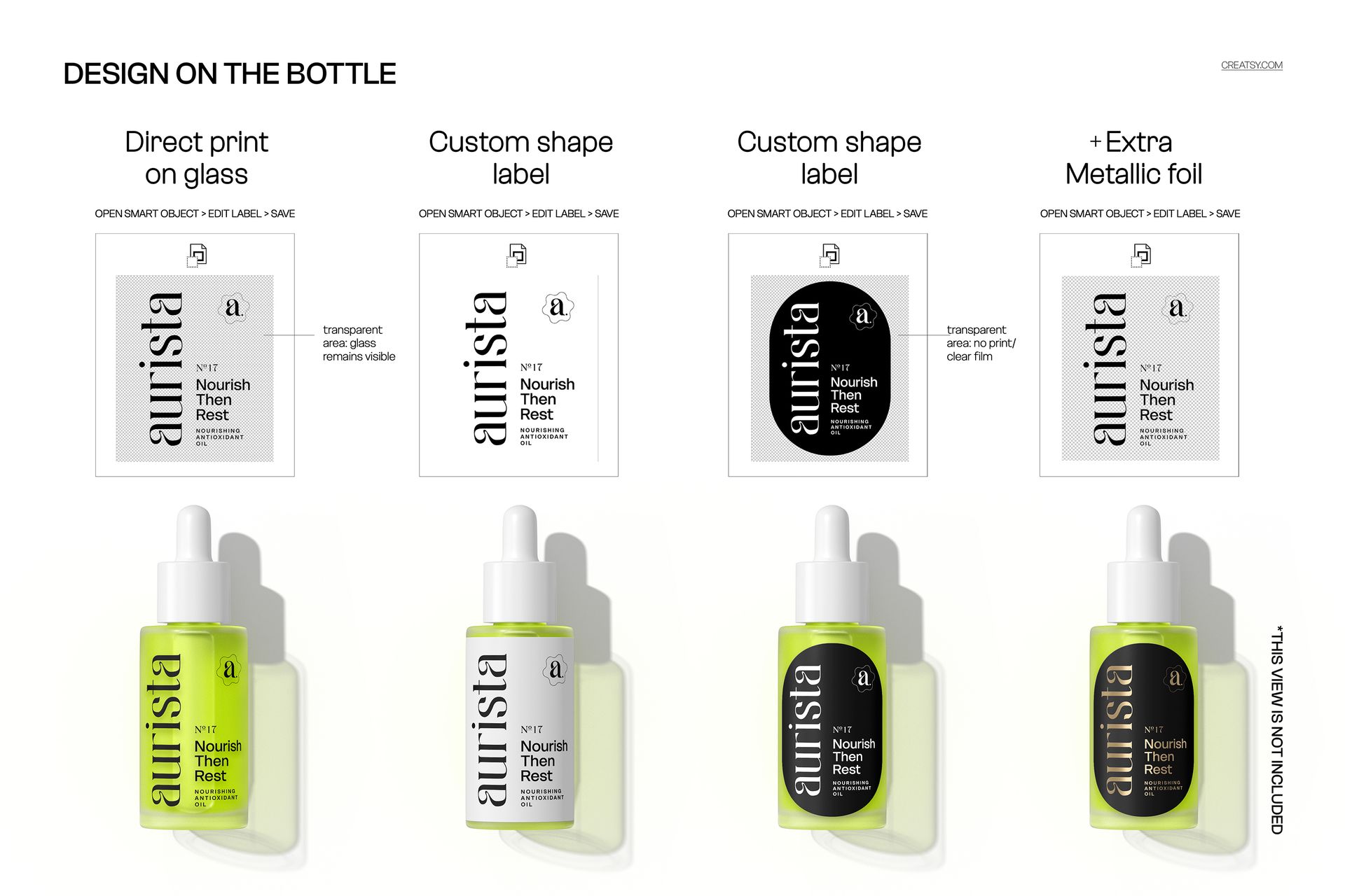 Front view of an open serum bottle mockup with a falling drop, shown in three variations with different label designs.