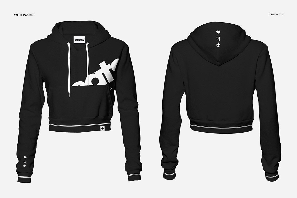 Black crop hoodie PSD mockup showing both front and rear perspectives, featuring white accents and a pocket detail.
