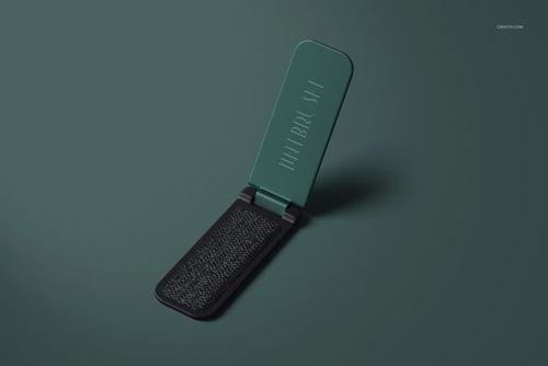 Open folding lint brush mockup featuring a green cover and black brush surface, displayed on a plain green surface.