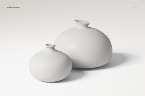 Front view of two round bellied ceramic vases in matte white, placed on a plain light surface with soft shadows.