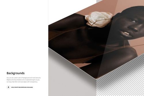 Angled close-up of an aluminum print mockup displaying a portrait with a removable drop shadow on a light surface.