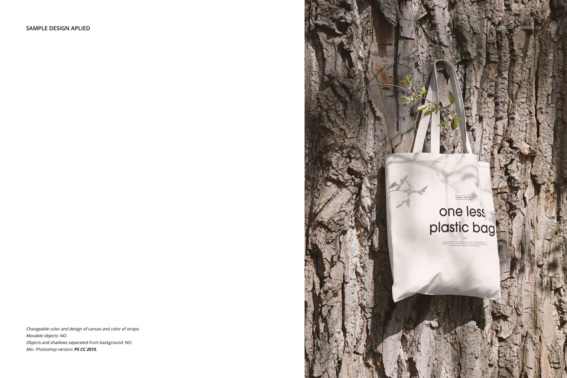 Canvas tote bag mockup hanging on a textured tree trunk, featuring a simple printed design and natural lighting.