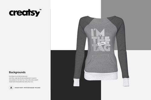 Front view of a women's sweatshirt mockup in shades of gray with white cuffs, displayed on a neutral geometric background.