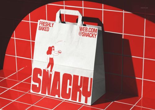 Fast food restaurant branding mockup with white bag, red artwork, and shadowed red tile background, frontal angle.