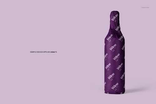 Mockup of a wine bottle wrapped in patterned purple tissue paper, displayed upright with a minimal light background.