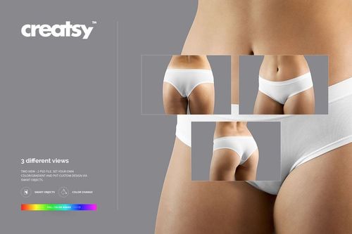 Women's briefs mockup featuring three different views of plain white underwear on a model, shown close-up.