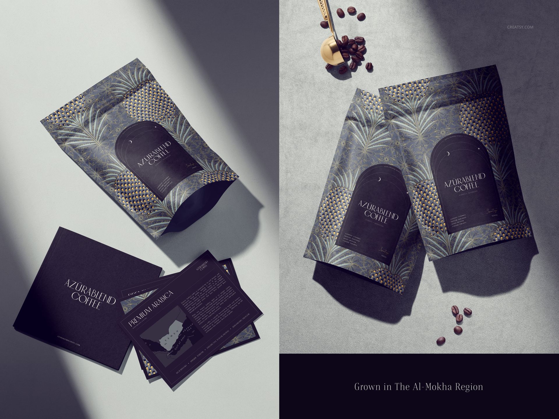 Coffee packaging mockup featuring dark pouches and cards with a botanical pattern, shown in a studio setting.