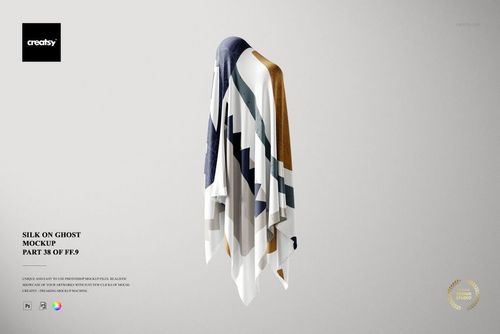 Front view of a silk textile mockup featuring bold geometric patterns in blue, gray, gold, and white hues.