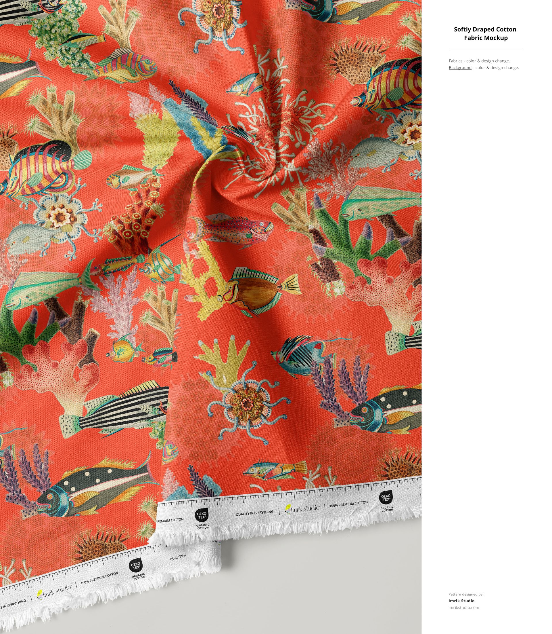 Cotton fabric mockup featuring a vibrant coral reef pattern with colorful fish and sea plants, viewed from above.