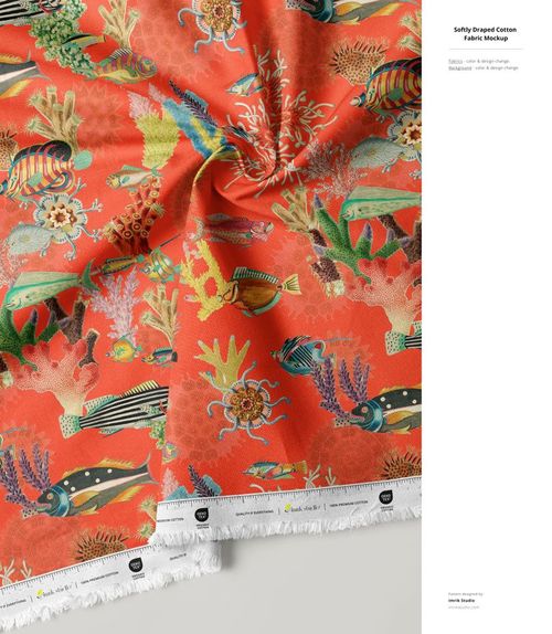 Cotton fabric mockup featuring a vibrant coral reef pattern with colorful fish and sea plants, viewed from above.