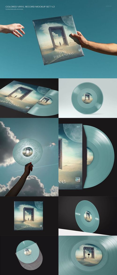 PSD mockup bundle featuring teal vinyl record and cover art, presented in close-ups and hand-held outdoor scenes.